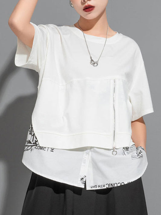 False Two Loose Printing Split-joint Round-neck T-shirts Tops