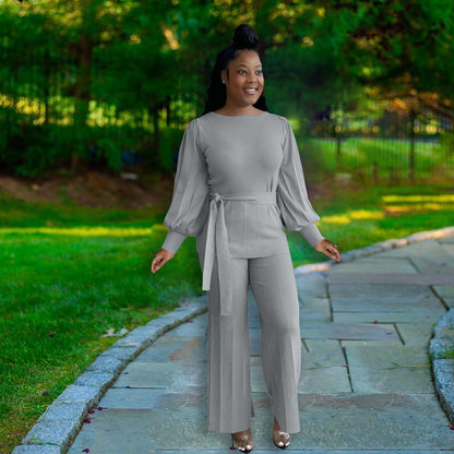 Urban Color Loose Lantern Sleeve Wide Leg Pants Set – Street Style Outfit