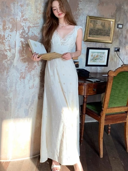 New Summer Hollow Out Midi Dress V-neck Vocation French Style White Dress Korean Slim Vestidos