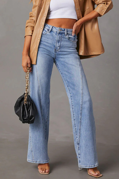 Street Buttons Patchwork Mid Waist Loose Denim Jeans