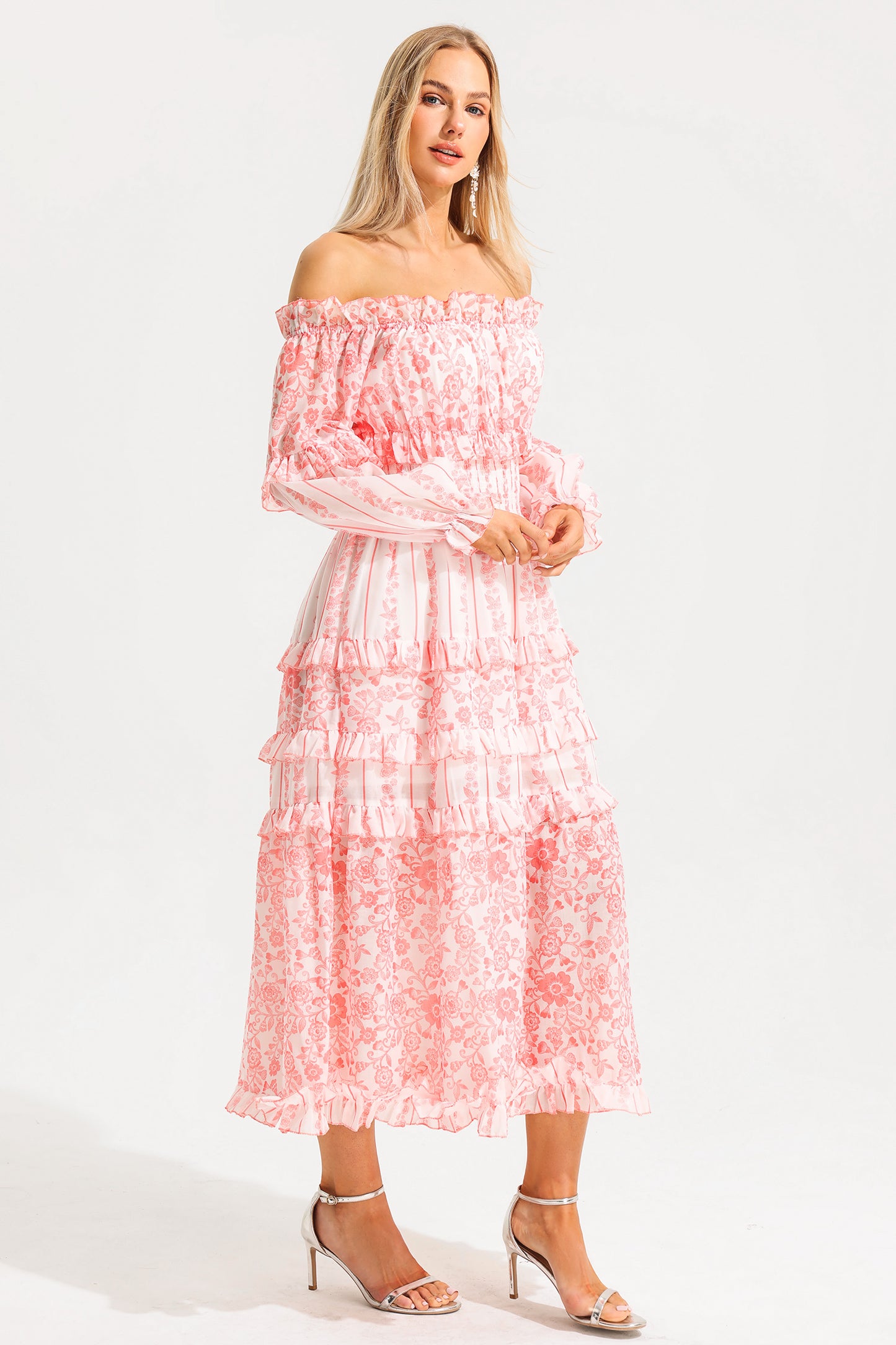 Print Frill Off-shoulder Midi Dress
