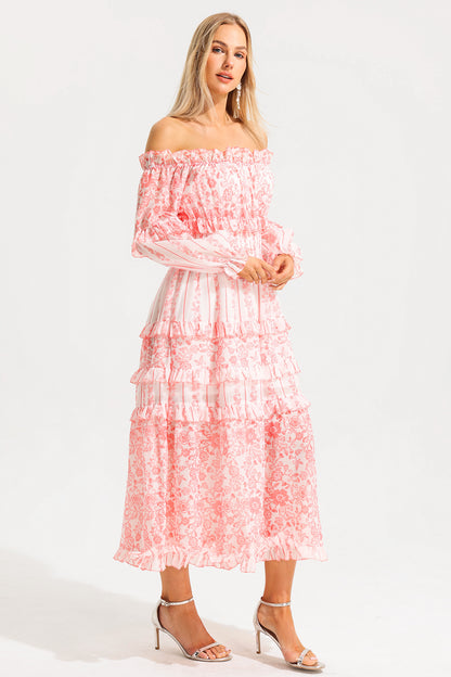 Print Frill Off-shoulder Midi Dress
