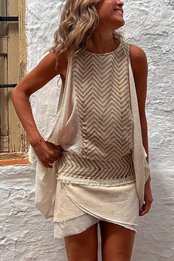 Isla Linen Blend Print Knit Panel Loose Tank