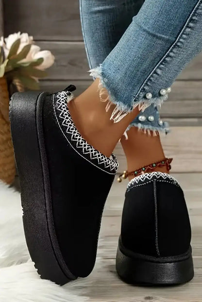 Cozy Black Suede Contrast Print Snow Boots