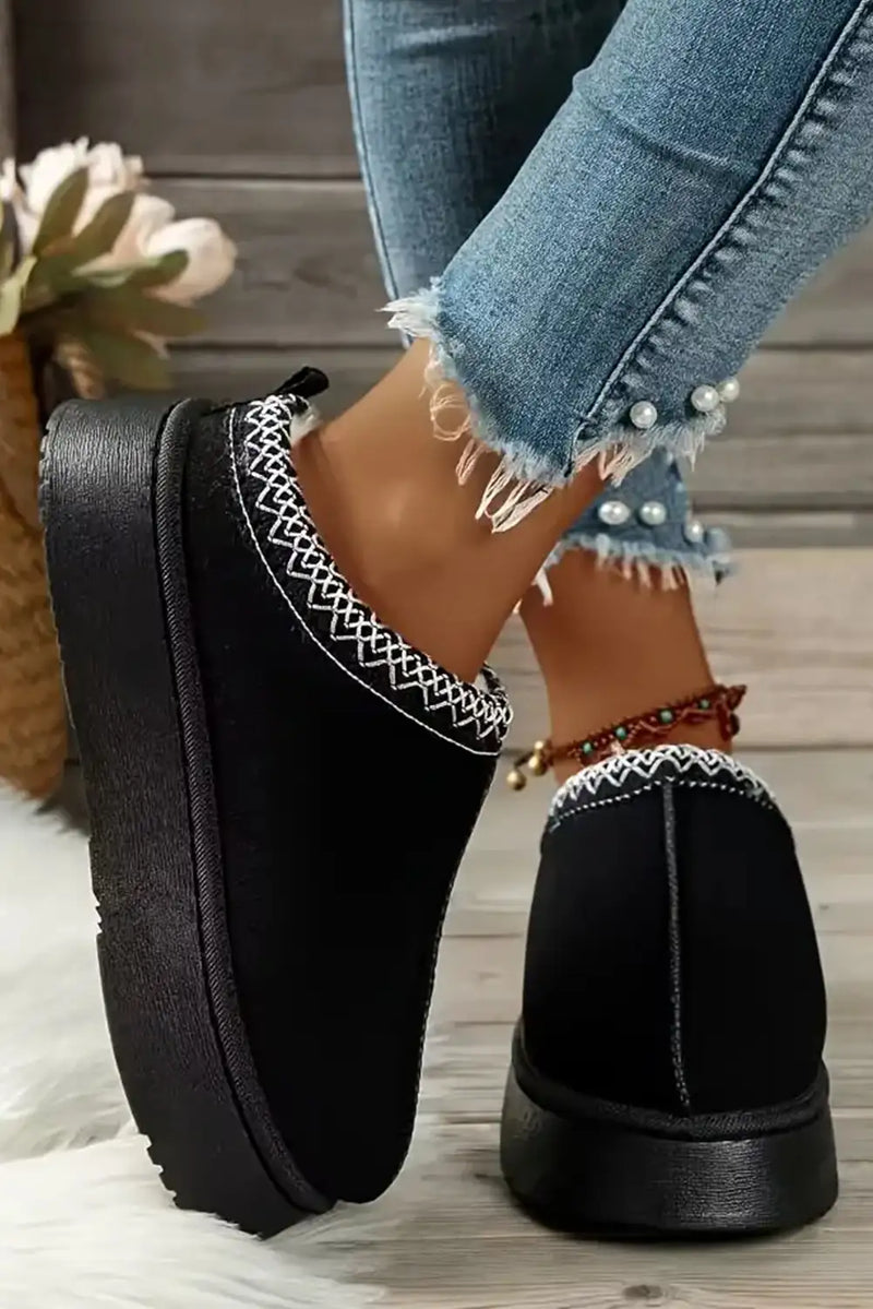 Cozy Black Suede Contrast Print Snow Boots