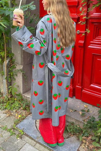 Fruit Print Long Coat Cherry Trench Coat
