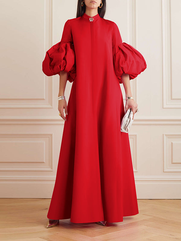 Loose Flower Shape Color Stand Collar Lantern Sleeves Maxi Dresses
