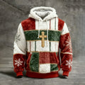 Comstylish Men's Vintage Christmas Cross Patchwork Art Print Plush Warm Hoodie