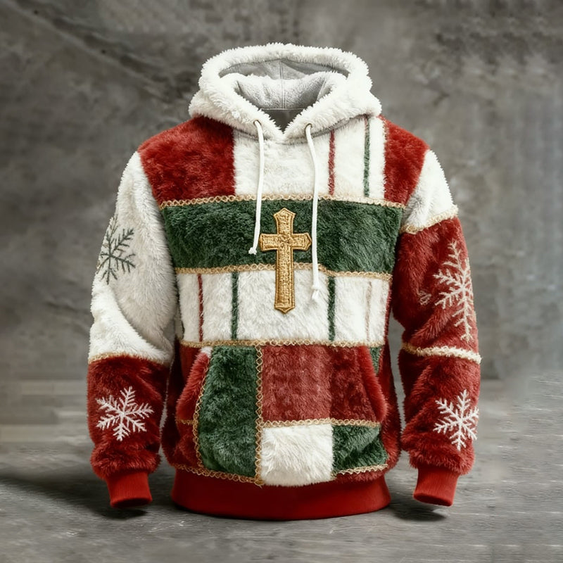 Comstylish Men's Vintage Christmas Cross Patchwork Art Print Plush Warm Hoodie