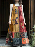Comstylish Vintage Floral & Cat Patchwork Linen Vest Long Dress