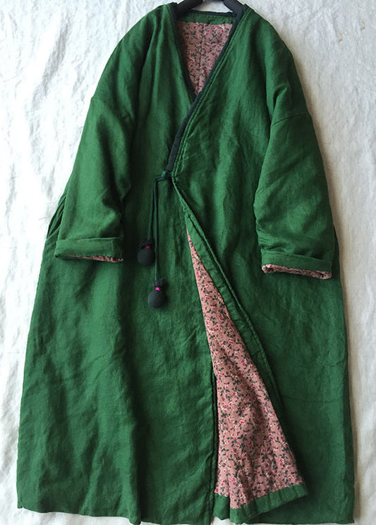 Green V Neck Button Cotton Filled Parka Long Coats Winter