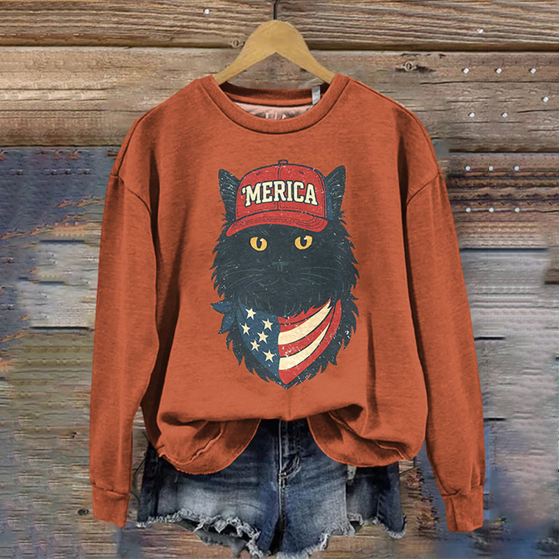 Comstylish Women's Merica Patriotic Black Cat Print Sweatshirt