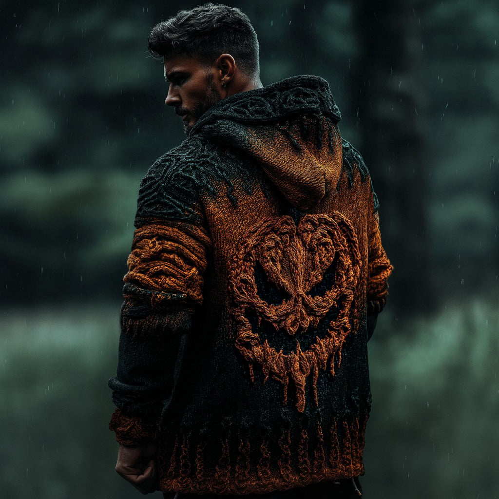 Men's Halloween Pumpkin Face Jacquard Knit Zipper Hooded Sweater  Cardigan elevenforest