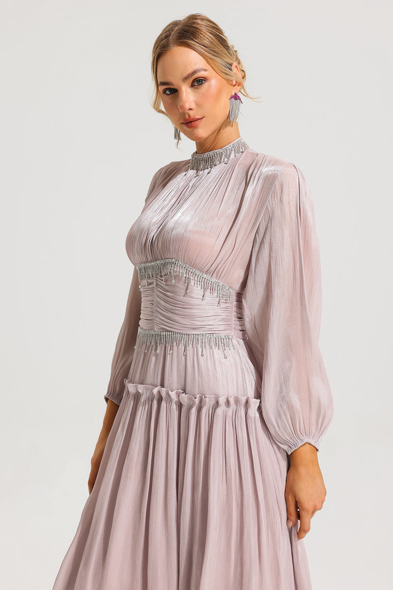 Rhinestone Ruched Long Sleeve Ruffle Midi Dress