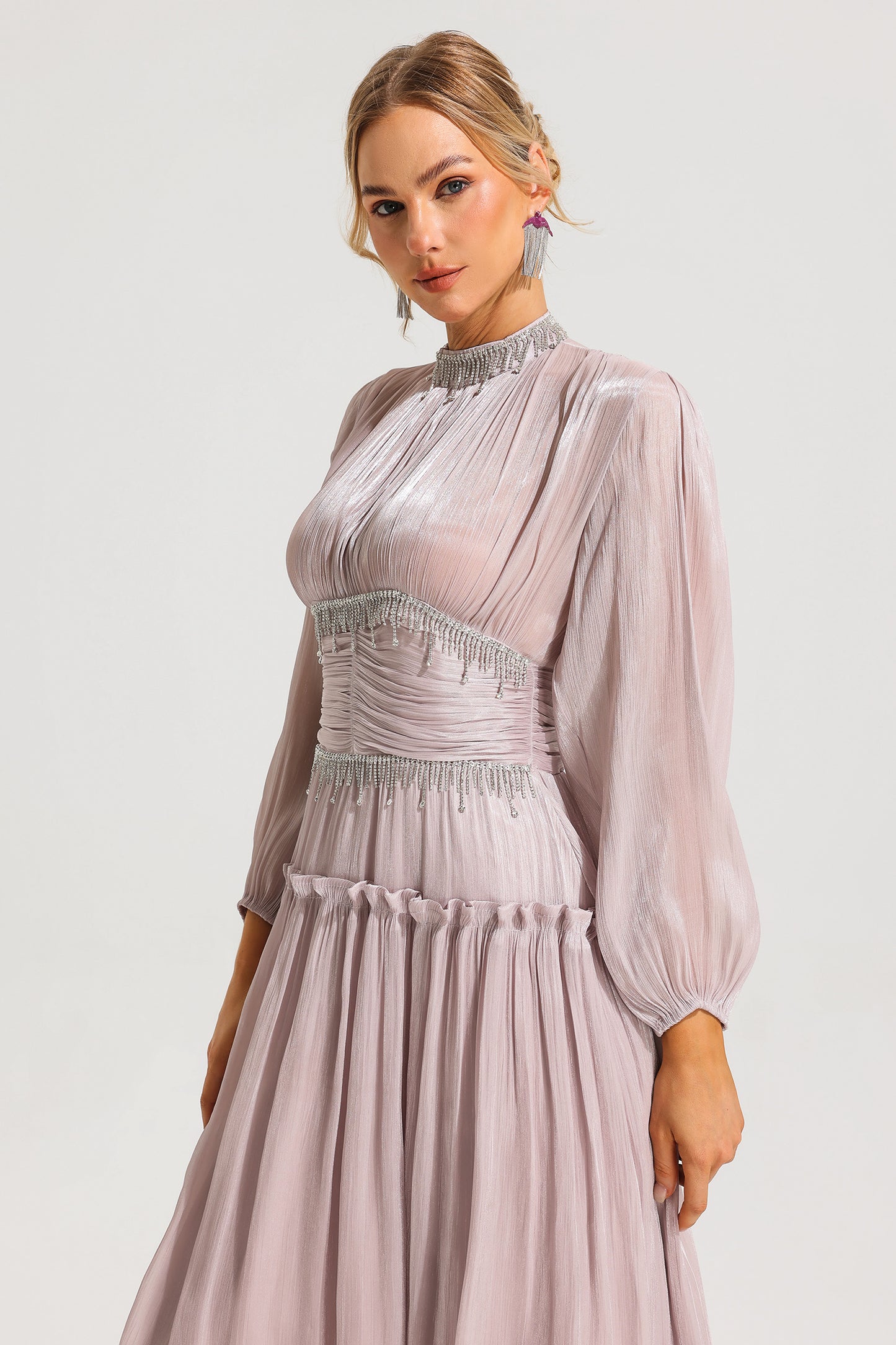 Rhinestone Ruched Long Sleeve Ruffle Midi Dress