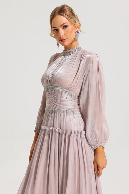 Rhinestone Ruched Long Sleeve Ruffle Midi Dress