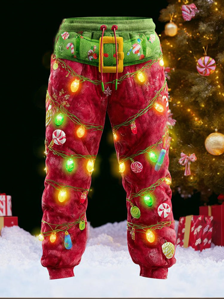Comstylish Men's Christmas Christmas Lights Santa Claus Splicing Sports Pants