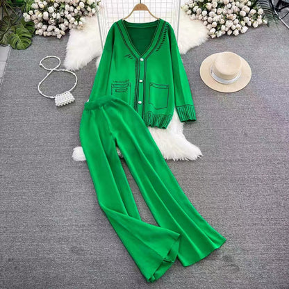 Long Sleeve V Neck Jacquard Knitted Sweater Jacket Two Piece High Waist Wide Leg Pants