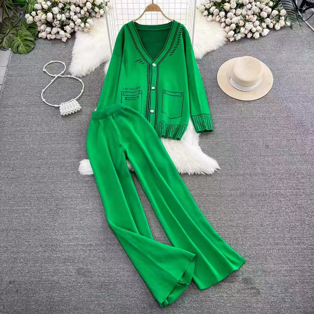 Long Sleeve V Neck Jacquard Knitted Sweater Jacket Two Piece High Waist Wide Leg Pants