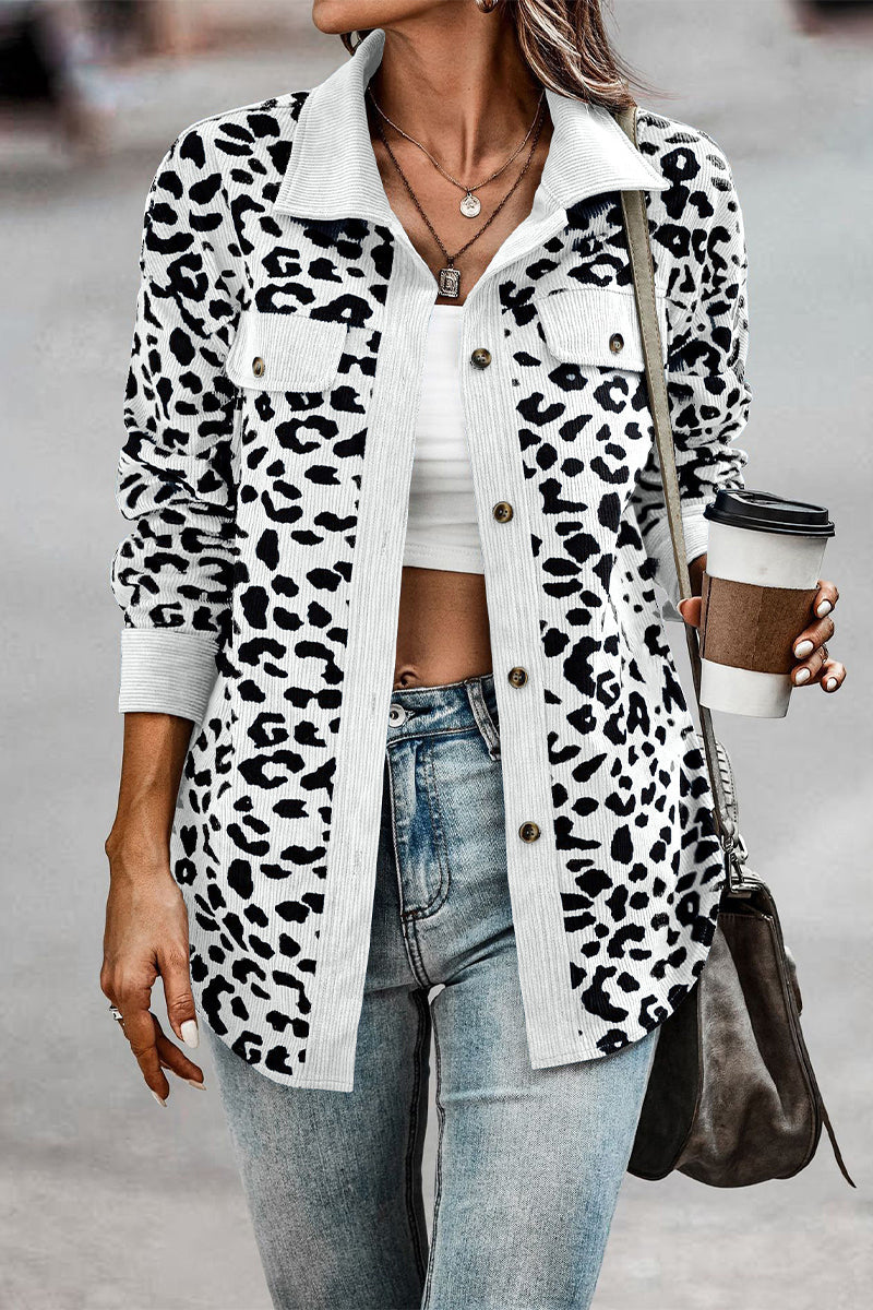 Sweet Leopard Pocket Turndown Collar Tops