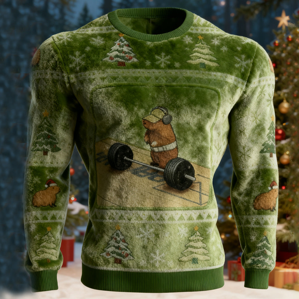 Comstylish Funny Cute Rat Weightlifting Meme Christmas Ugly Flannel Sweatshirt