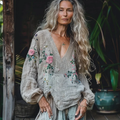 Retro Bohemian Floral Linen Art Print Long Sleeve V-neck Shirt artswardrobe