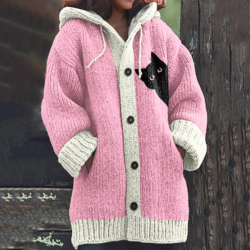 Vintage Peek-A-Boo Hiding Black Cat Pattern Women's Hooded Sweater Cardigan elevenforest