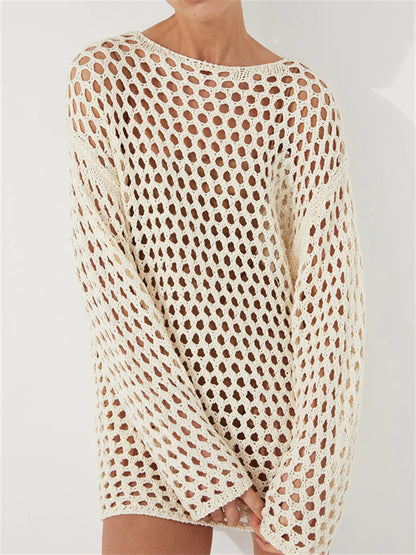 Tossy Knit Hollow Out Cover Up Mini Dress for See-through Loose Beach Holiday Clothes Summer Patchwork Knitwear Cover Up