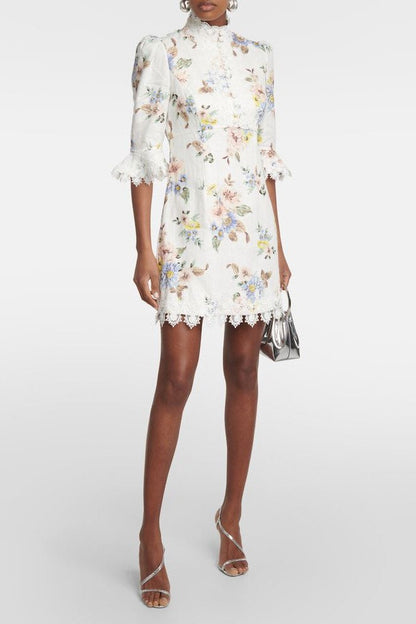 Lace Button Long Sleeve Mini Dress