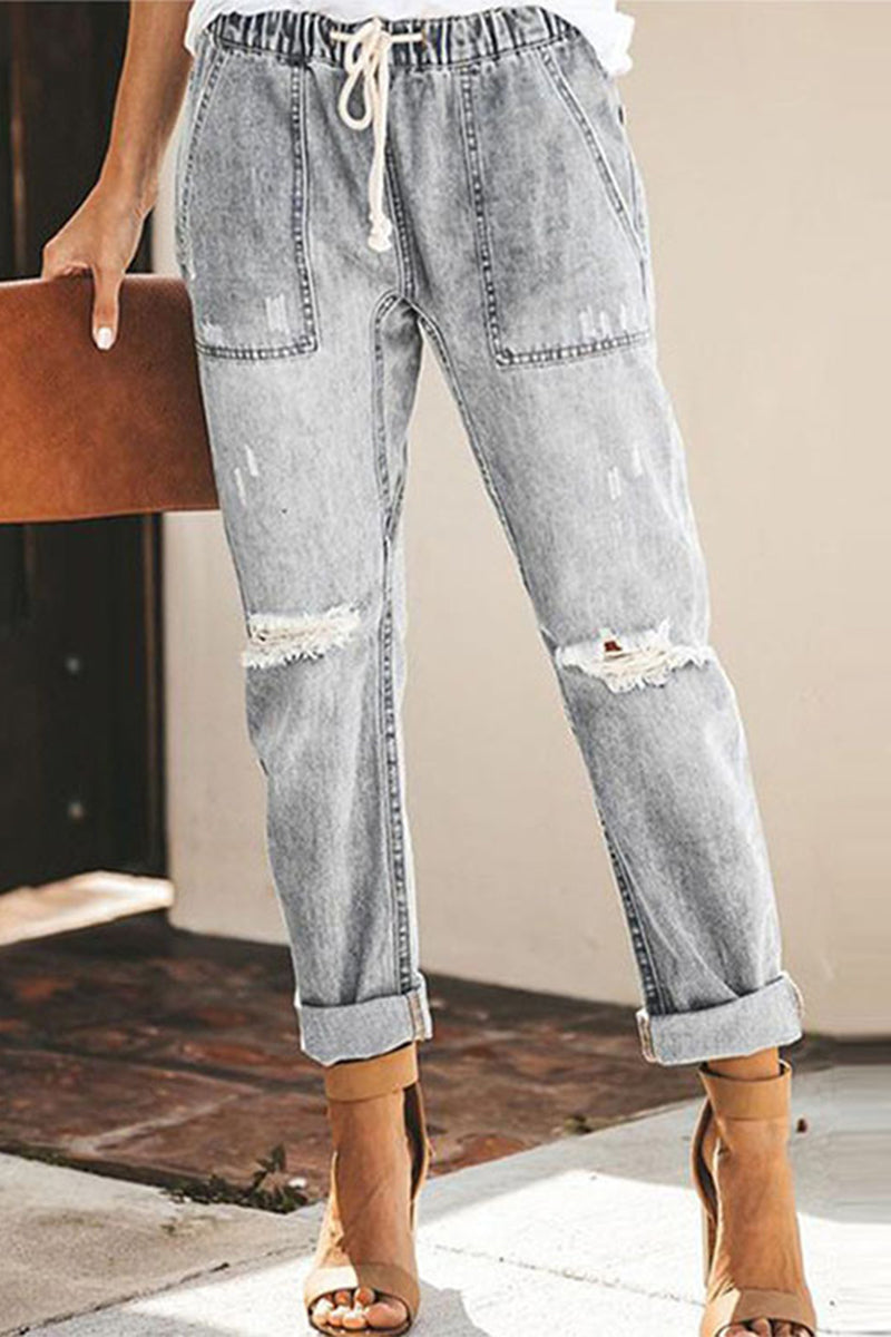 Street Color Ripped Draw String Pocket Denim Jeans(4 Colors)