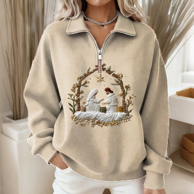 Comstylish Women's Nativity Night Print Zipper Sweatshirt