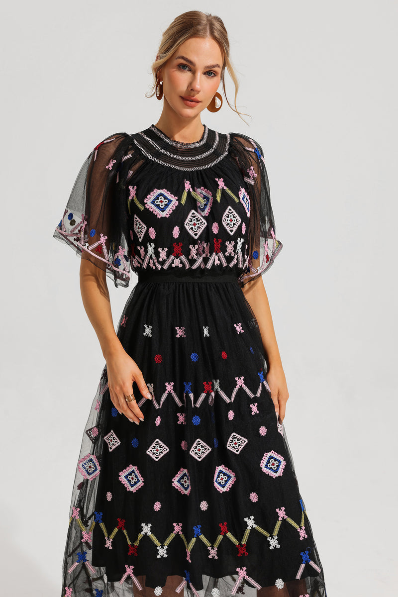 Mesh Embroidered Smocking Midi Dress
