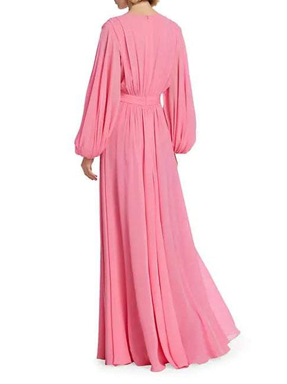 Lantern Sleeve V-neck Tapered Waist Slit Maxi Dress Pink