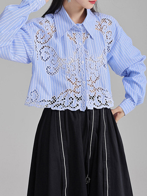 Long Sleeves Loose Buttoned Hollow Color Lapel Blouses&shirts Tops