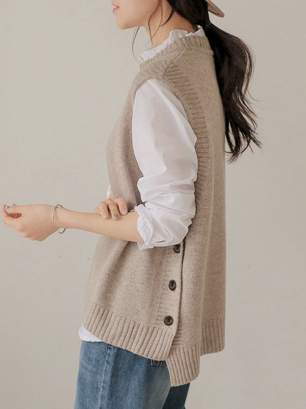 Simple Sleeveless Loose Buttoned Color Round-neck Sweater Vest Outerwear