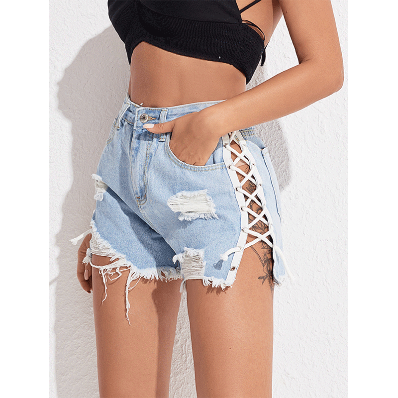 High Waist Lace-up Denim Shorts Summer Slim Fit Pants