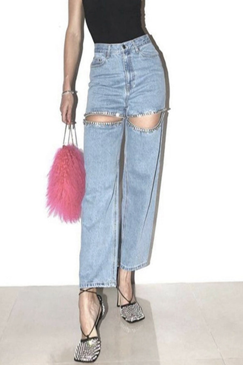 Street Color Rhinestone Decor High Waist Denim Jeans