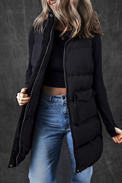 Black Longline Puffer Vest With Pockets