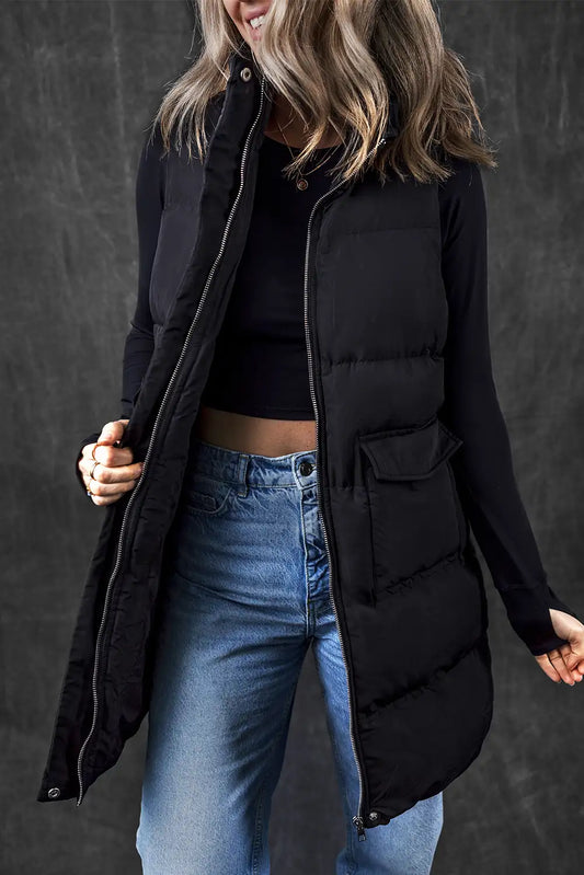 Black Longline Puffer Vest With Pockets