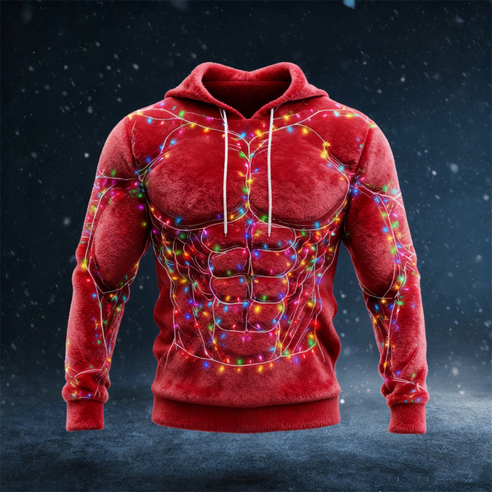 Comstylish Christmas Lights & Muscle Contour Design Men's Hooded Flannel Sweatshirt