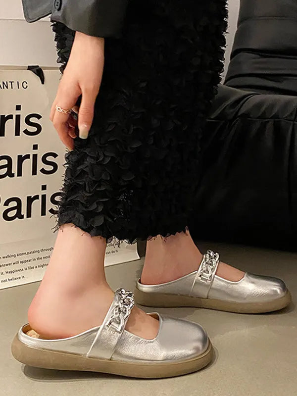 Chains Round-toe Shallow Cut Split-joint Mary Janes Slippers