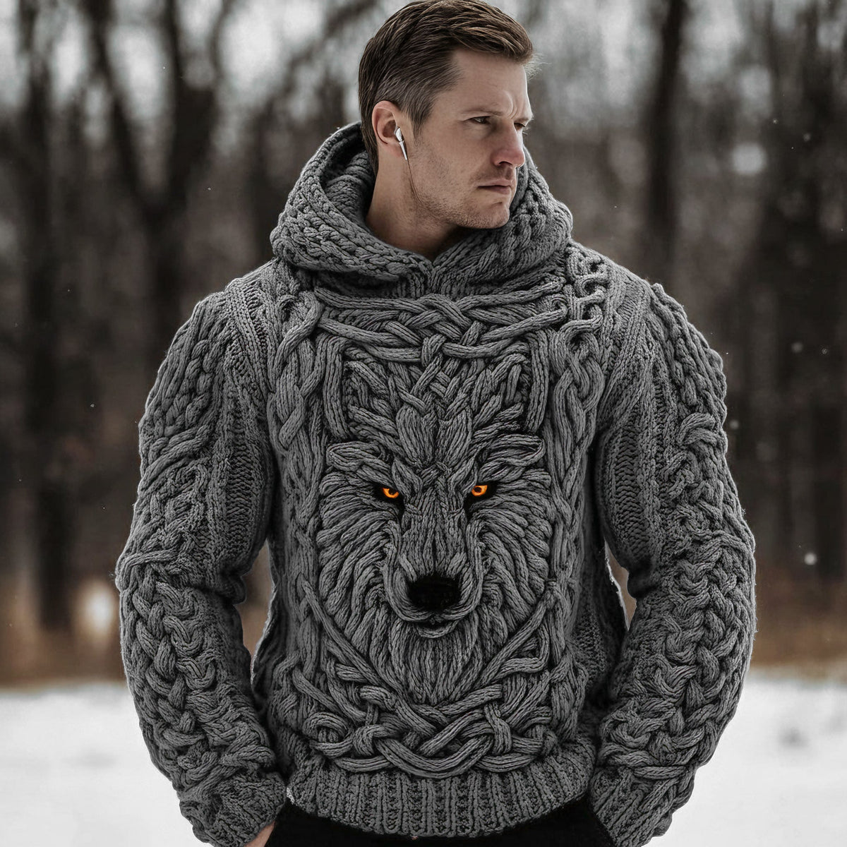 Men's Viking Celtic Wolf Knit Chunky Hooded Sweater artswardrobe