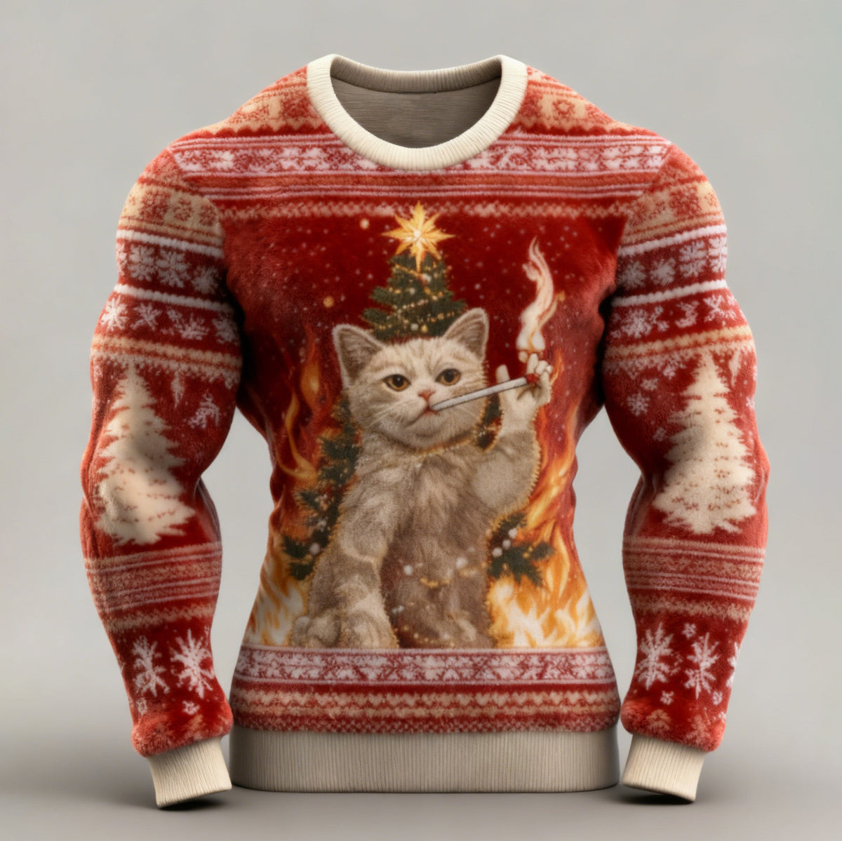 Comstylish Men's Fun Christmas Cat Comfortable Crew Neck Plush Sweatshirt