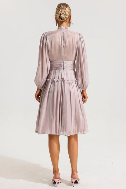 Rhinestone Ruched Long Sleeve Ruffle Midi Dress