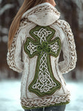 Vintage Irish Shamrock Celtic Cross Cozy Chunky Hooded Cardigan artswardrobe