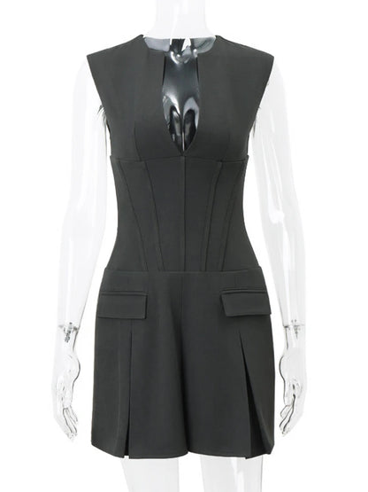 Tossy Patchwork Sleeveless V-neck Mini Dress – Pocket Slim High Waist Dress for Summer