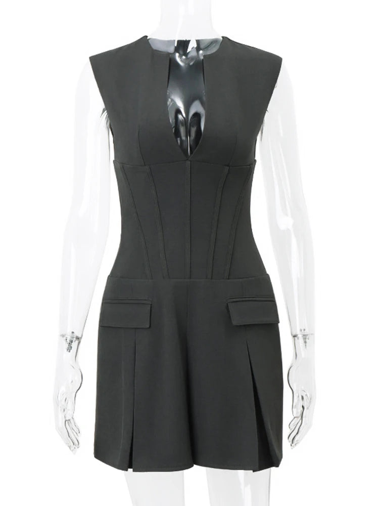 Tossy Patchwork Sleeveless V-neck Mini Dress – Pocket Slim High Waist Dress for Summer
