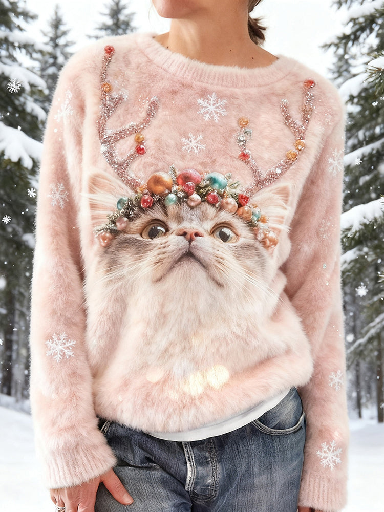 Cute Christmas Cat Pattern Cozy Plush Sweatshirt