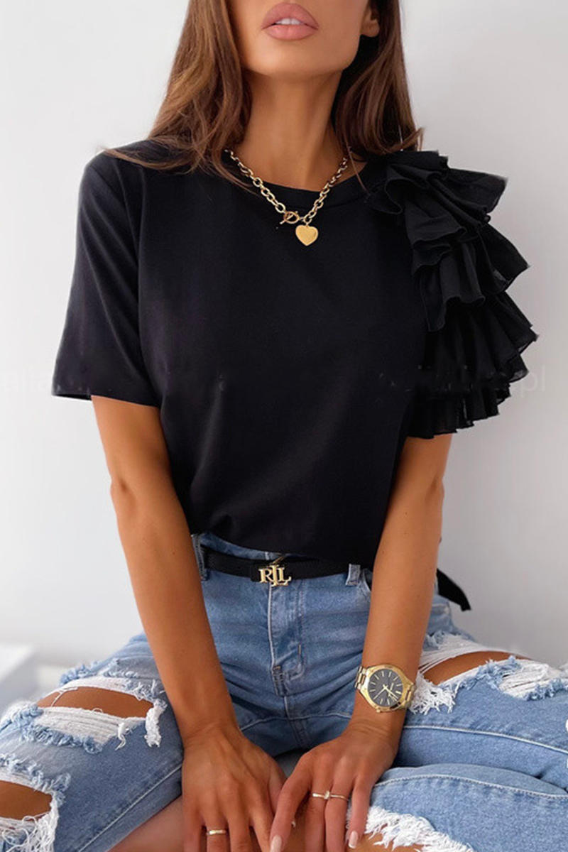 Patchwork Flounce O Neck T-shirts(4 Colors)
