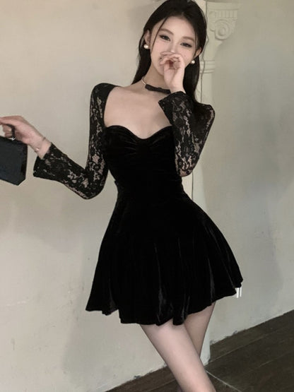 Velet Mini Dress Mesh Pactwork Long Sleeves Square Collar High Waist A-line Autumn Spring Evening Party Vestidos New